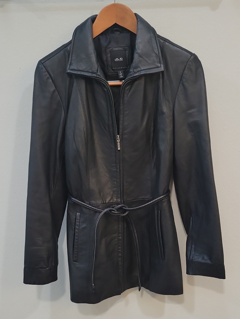 JLC Black Leather Zip-Front Jacket with Waist Tie